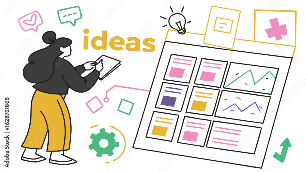 Poster creative woman brainstorming new ideas and concepts planning and organizing thoughts on a digital bo
