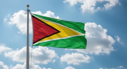 Guyana National Flag Waving on Tall Flagpole in Sky with Clouds – Guyana Independence Day Celebration, Patriotism, Freedom, Guyana Culture & Heritage