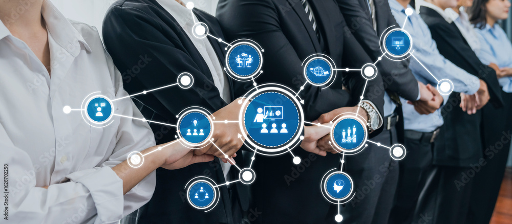 Poster a dynamic scene showcasing a diverse group of business professionals engaging in collaboration and n