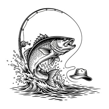 Jumping fish on a fishing rod. Vintage sport fishing logo illustration.