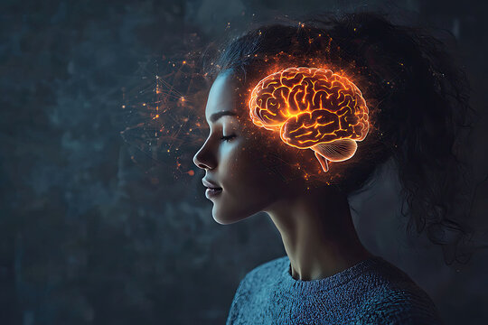 Woman in profile with glowing brain and particles emanating from it on a dark background image
