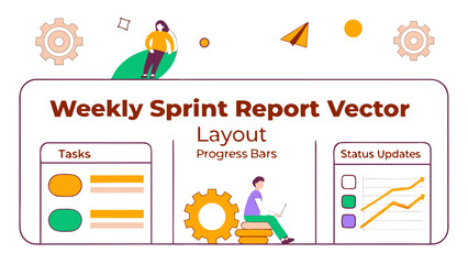 Agile development weekly sprint report layout with tasks progress bars and status updates showing team collaboration and project tracking