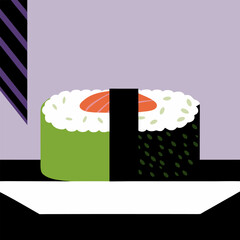 Abstract food poster featuring small sushi elements in a minimalist vector style, suitable for Asian cuisine branding and interior decoration. 
