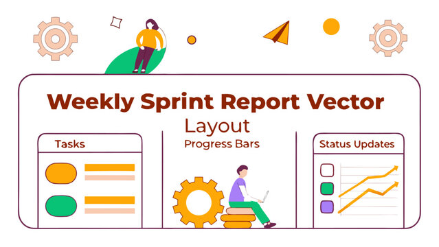 Agile development weekly sprint report layout with tasks progress bars and status updates showing team collaboration and project tracking