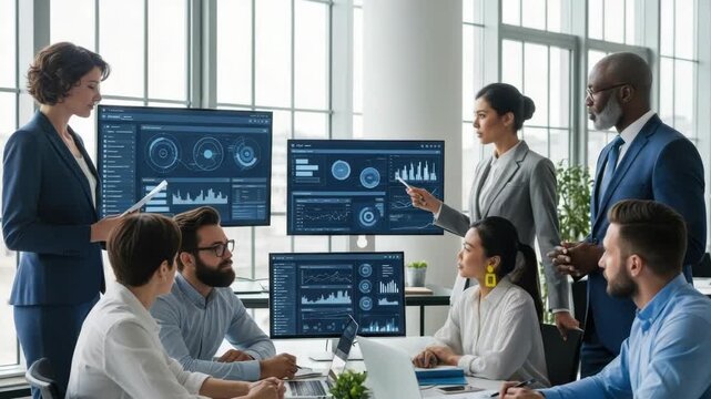 A diverse group of professionals engaged in a strategic business meeting analyzing data displayed on multiple screens in a modern office with large windows and a cityscape view - Powered by Adobe