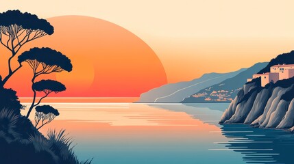 Sunset over calm ocean, coastal town nestled in hills, silhouetted trees.