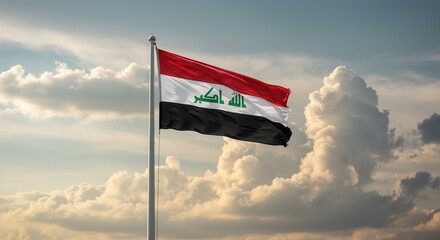 Iraq National Flag Waving on Tall Flagpole in Sky with Clouds &ndash; Iraq Independence Day Celebration, Patriotism, Freedom, Iraqi Culture & Heritage