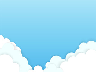 Blue sky with fluffy white clouds in paper cut style ideal for banner backgrounds, design template in vector illustrations. Perfect for summer themes, nature scenes and weather creative projects.