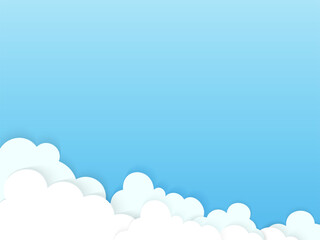 Layered blue sky background with fluffy white clouds in paper cut vector style. Ideal for nature designs projects, wallpaper cartoon illustration. Perfect for website canvas or sale backdrop templates
