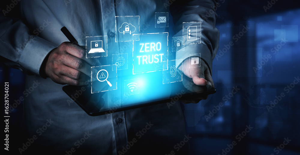 Poster zero trust model enhances data protection. zero trust blocks unauthorized access, secures devices, z