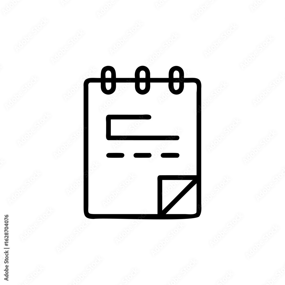 Poster simple outline drawing of a spiral bound notebook page with lines and a folded corner