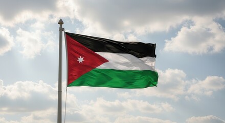 Jordan National Flag Waving on Tall Flagpole in Sky with Clouds – Jordan Independence Day Celebration, Patriotism, Freedom, Jordan Culture & Heritage