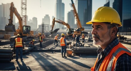 Site supervisor watches crew activity and equipment usage on metropolitan building project.