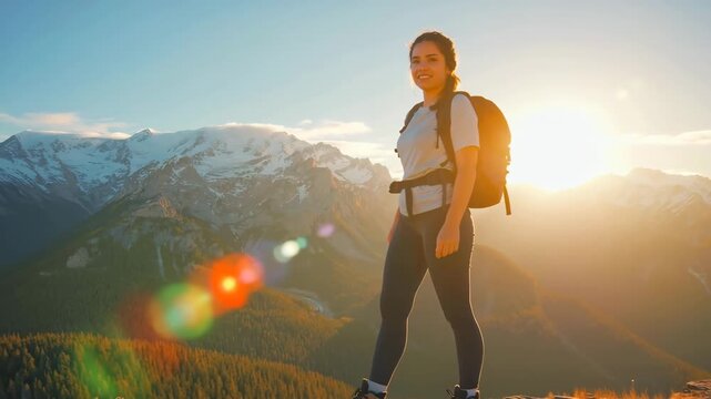 Female hiker standing on mountain cliff at sunrise