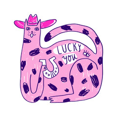 Pink Cat with Cowboy Hat and Lucky You Message Clipart