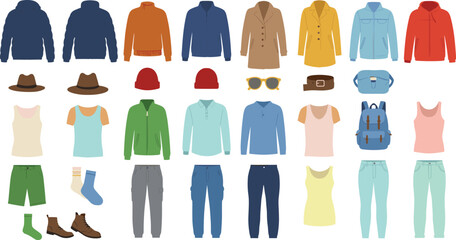 Men and women clothing essentials, casual and outerwear outfit collection, unisex wardrobe flatlay, seasonal fashion illustration, travel style inspiration