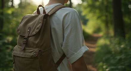 Fototapeta premium Person with loose shirt and canvas backpack hiking in forest, neck down