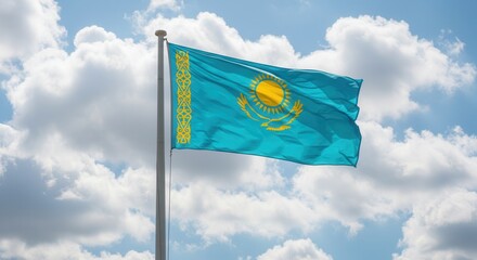 Kazakhstan National Flag Waving on Tall Flagpole in Sky with Clouds – Kazakhstan Independence Day Celebration, Patriotism, Freedom, Kazakhstan Culture & Heritage
