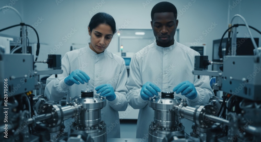 Poster two scientists in lab coats and gloves are carefully handling components of a sophisticated experime