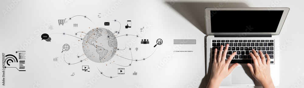Aufkleber visualization of global digital communication and online across multiple platforms, including global