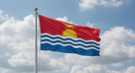 Kiribati National Flag Waving on Tall Flagpole in Sky with Clouds – Kiribati Independence Day Celebration, Patriotism, Freedom, Kiribati Culture & Heritage