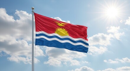 Kiribati National Flag Waving on Tall Flagpole in Sky with Clouds – Kiribati Independence Day Celebration, Patriotism, Freedom, Kiribati Culture & Heritage