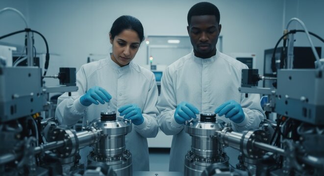 Two scientists in lab coats and gloves are carefully handling components of a sophisticated experimental setup in a high tech research laboratory, focused on their tasks with precision