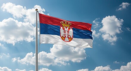 Serbia National Flag Waving on Tall Flagpole in Sky with Clouds – Serbia Independence Day Celebration, Patriotism, Freedom, Serbian Culture & Heritage