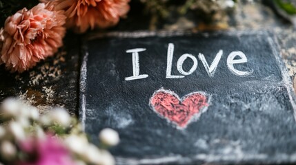 A chalkboard with a heart and the word I love written on it. The heart is red and the flowers are pink