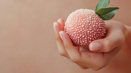 A hand holding a small, pink fruit with a leaf on top. The fruit is a type of melon