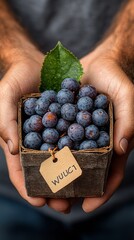 A person is holding a basket of blueberries with a tag that says WUCI. Concept of abundance and freshness, as the person is holding a large amount of fruit. The blueberries are ripe