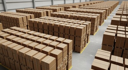 Industrial warehouse scene featuring multiple layers of brown packing boxes arranged uniformly along wide walkways.