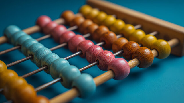 Wooden abacus on a blue background, Wooden abacus for children. Wooden abacus close-up