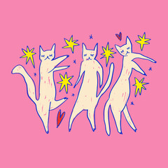  Dancing Cats with Stars and Hearts on Pink Vector illustration Clipart