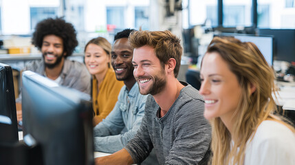 Group of young professionals smiling and collaborating in an office setting. The image captures the atmosphere of a modern workplace where individuals are actively engaged and working together