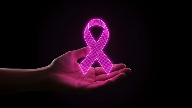 Woman Wearing Gray T-Shirt Holding Pink Breast Cancer Awareness Ribbon Outdoors at Sunset