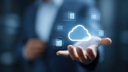 Fototapeta premium a person in a suit holding a cloud computing icon