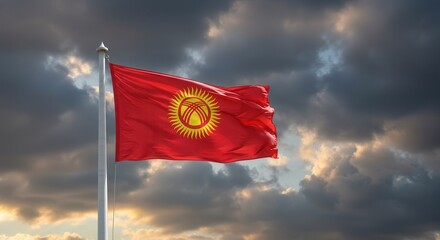 Kyrgyzstan National Flag Waving on Tall Flagpole in Sky with Clouds – Kyrgyzstan Independence Day Celebration, Patriotism, Freedom, Kyrgyzstan Culture & Heritage