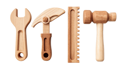 Wooden toy tools set featuring wrench, saw, hammer, and ruler for children's imaginative play and skill development on white background