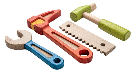 Wooden toy tools set featuring wrench, saw, hammer, and ruler for children's imaginative play and skill development on white background