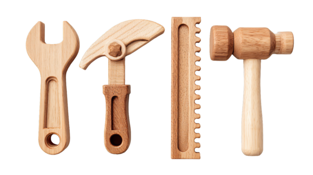 Wooden toy tools set featuring wrench, saw, hammer, and ruler for children's imaginative play and skill development on white background
