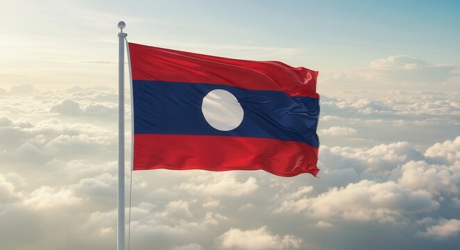 Laos National Flag Waving on Tall Flagpole in Sky with Clouds – Laos Independence Day Celebration, Patriotism, Freedom, Laos Culture & Heritage - Powered by Adobe
