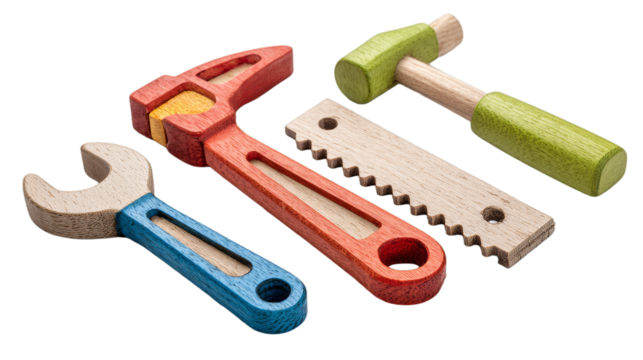 Wooden toy tools set featuring wrench, saw, hammer, and ruler for children's imaginative play and skill development on white background