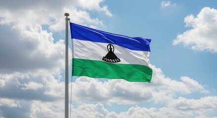 Lesotho National Flag Waving on Tall Flagpole in Sky with Clouds – Lesotho Independence Day Celebration, Patriotism, Freedom, Lesotho Culture & Heritage