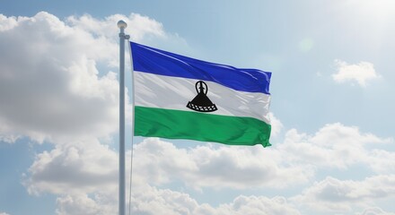Lesotho National Flag Waving on Tall Flagpole in Sky with Clouds – Lesotho Independence Day Celebration, Patriotism, Freedom, Lesotho Culture & Heritage