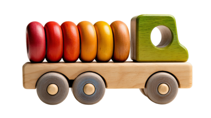  Wooden toy truck with colored rings on white background