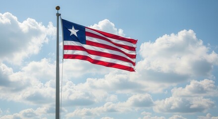 Liberia National Flag Waving on Tall Flagpole in Sky with Clouds – Liberia Independence Day Celebration, Patriotism, Freedom, Liberia Culture & Heritage