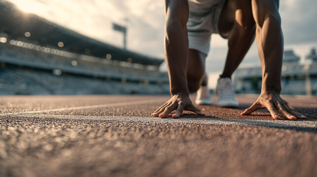 Runner in starting position on a track with stadium in background ready for a race to begin