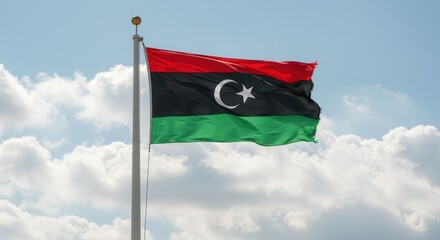 Libya National Flag Waving on Tall Flagpole in Sky with Clouds – Libya Independence Day Celebration, Patriotism, Freedom, Libya Culture & Heritage