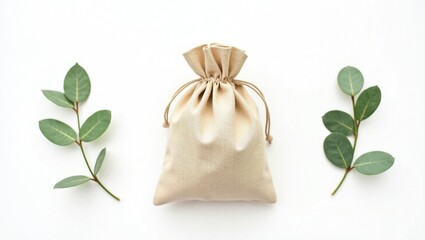 Natural Cotton Pouch with Green Leaves on White Background